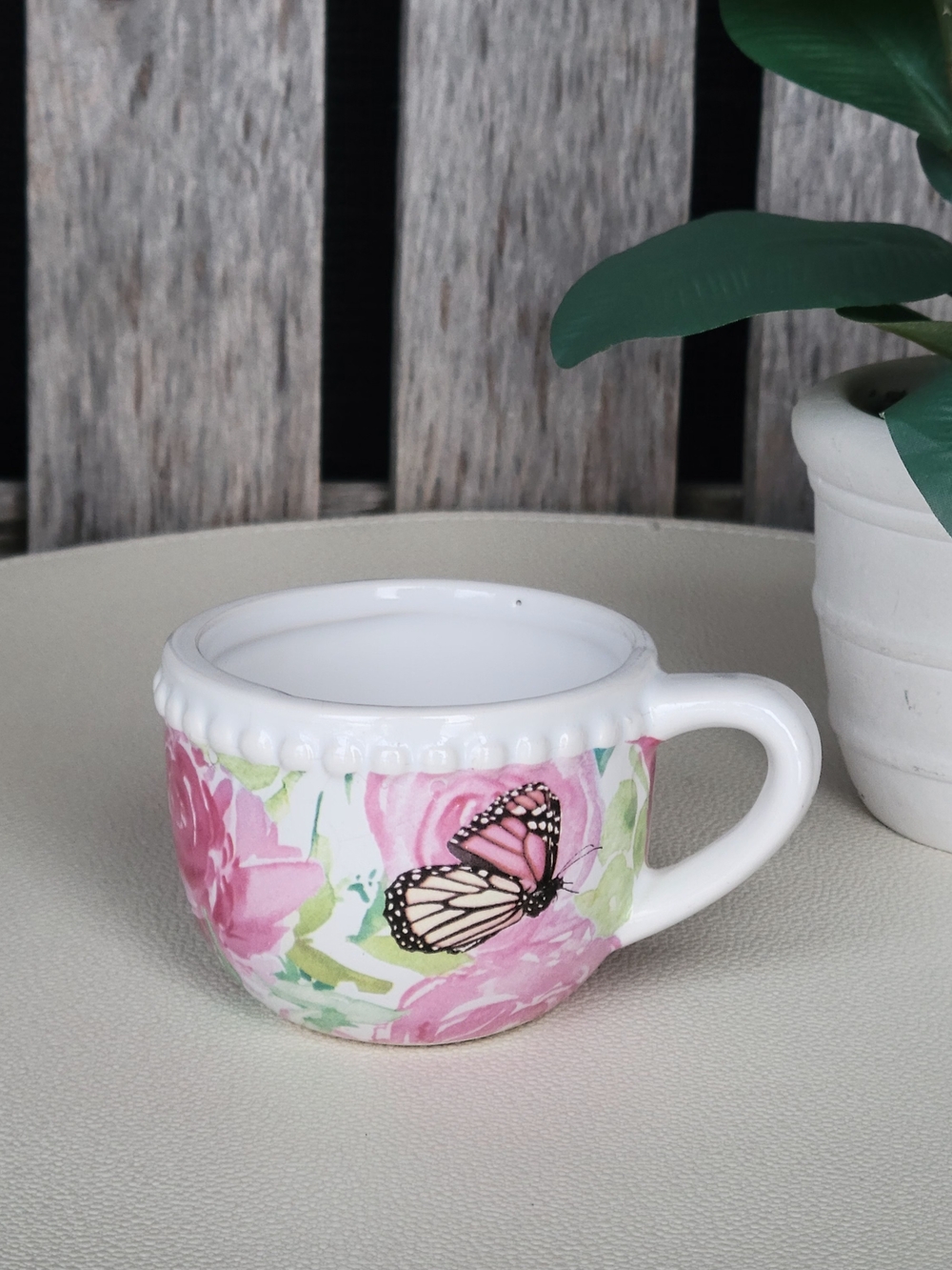 Vintage Harry & David Pink Floral Monarch Butterfly Ceramic Tea Cup - Beaded Rim